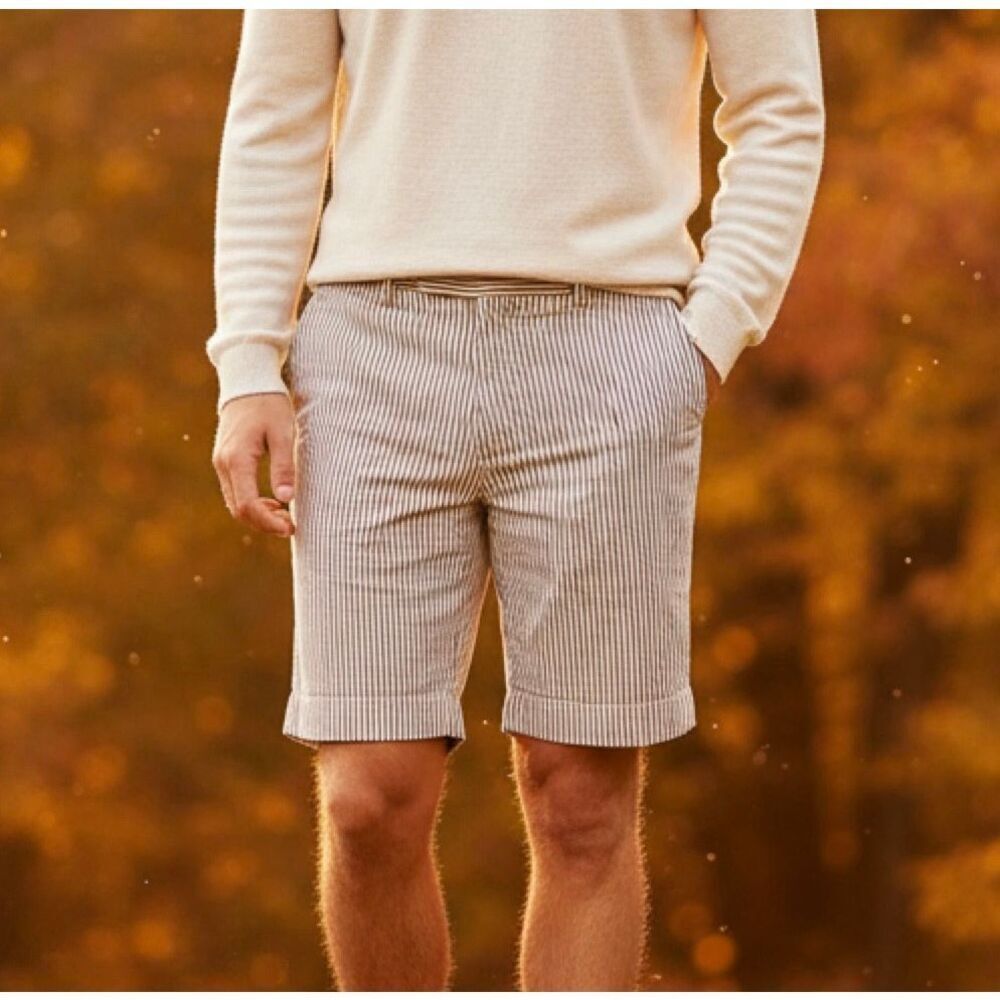 Polo Ralph Lauren 40 Brown Cream Seersucker Chino Flat Front Shorts Preppy